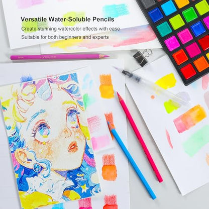 72 Color Professional Watercolor Pencils Set with Brush and Water Brush Pen (72 Count)