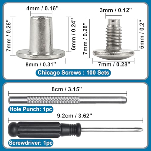 150 Sets 8MM Chicago Screws Leather Rivets for Fabric Chicago Binding Screws Buttons Metal Studs Rivets for Decorate and Repair Belts Bags Shoes Purse Dog Collar Leather Craft