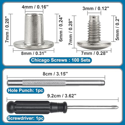 150 Sets 8MM Chicago Screws Leather Rivets for Fabric Chicago Binding Screws Buttons Metal Studs Rivets for Decorate and Repair Belts Bags Shoes Purse Dog Collar Leather Craft