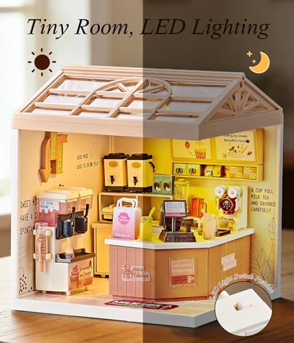 Bubble Tea Shop DIY Miniature House Kit with Roof & LED Light