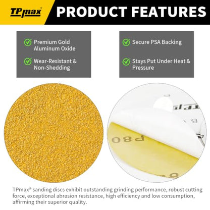 6-Inch 150-Grit Gold PSA Sanding Discs, 50 Pack – Pro-Grade Self-Adhesive Stickyback Sandpaper with Quick-Release Tabs for DA Sander, Medium-Fine Automotive/Wood/Metal Sanding (50 Count)