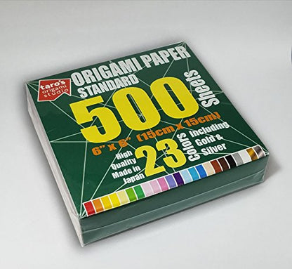 Taro's Origami Studio] Standard 6 Inch One Sided 23 Colors 500 Sheets Square Easy Fold Premium Japanese Paper for Beginner