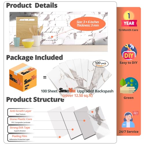 100 Pieces Peel and Stick Backsplash for Kitchen (12.5 Sq Ft)