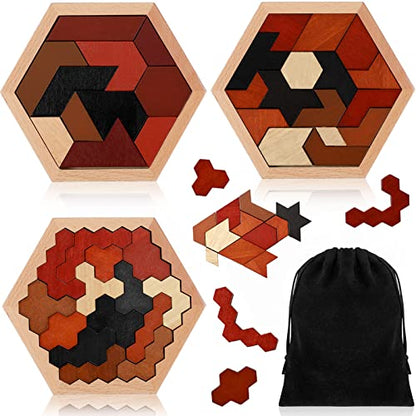 3 Pack Large Hexagon Tangram Puzzle Wooden Brain Puzzles for Adult Challenge Wood Russian Blocks Brain Teasers Geometric Jigsaw Block Logic Iq Stem Family Graduation Gifts (3 Count)
