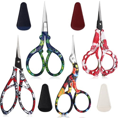 4 Pcs Sewing Embroidery Scissors with Artificial Leather Cover Sewing Stainless Vintage Embroidery Scissors for DIY Needlework Art Manual Handicraft (8 Count)