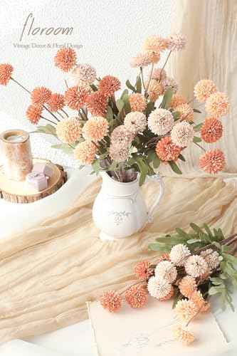 9pcs Burnt Orange Peach Mix Faux Silk Mums Artificial Flowers (9 Count)