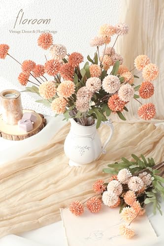 9pcs Burnt Orange Peach Mix Faux Silk Mums Artificial Flowers (9 Count)