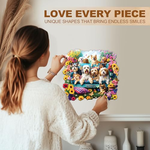 Dogs Puzzles Colorful Flowers Spring Garden Scene Sunflowers Puzzle Adults Gifts for Women Men Wooden 190 Pieces 11.4 * 10.4in