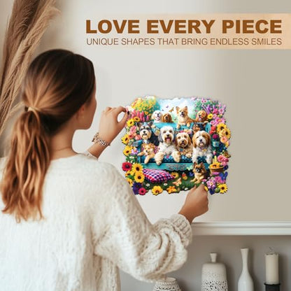 Dogs Puzzles Colorful Flowers Spring Garden Scene Sunflowers Puzzle Adults Gifts for Women Men Wooden 275 Pieces 13.4 * 12.2in