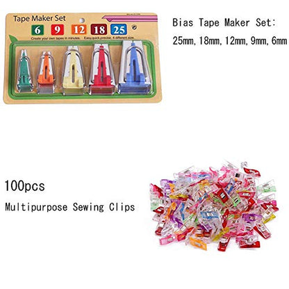 Bias Tape Maker Set 6mm 9mm 12mm 18mm 25mm Fabric Bias Binding Maker with 100pcs Colorful Multipurpose Sewing Clips for DIY Sewing Crafting Quilting Tools Kit