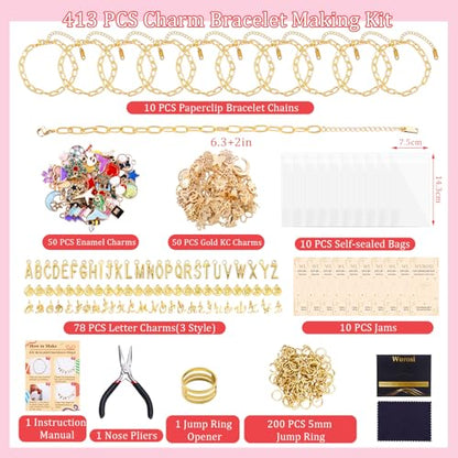 413Pcs Gold Charm Paperclip Charm Bracelet Making Kit for Beginner (413 Count)