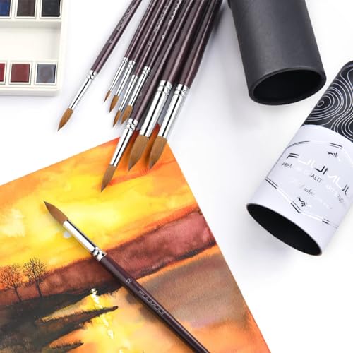Sable Watercolor Brushes 9pcs Professional Superior Kolinsky Watercolor Paint Brushes for Artists Round Pointed Oval Wash for Watercolor Acrylics Gouache Inks Painting