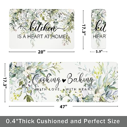 Green Kitchen Rug Anti Fatigue Mats for Kitchen Floor Kitchen Rugs Sage Green Floral Herb Memory Foam Kitchen Mat Cushioned PVC Leather Kitchen Rug Set