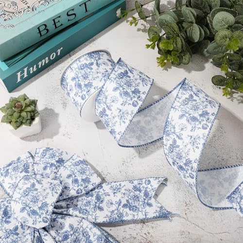 Floral Wired Edge Ribbon Blue Flower Craft Ribbon Chinoiserie Decorative Fabric Ribbons for DIY Crafts Wreath Bow Making