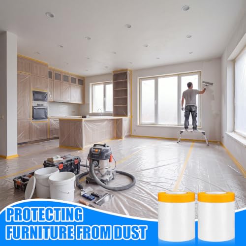 9 Roll Painters Plastic with Tape Pre Taped Masking Film for Painting Automotive Paint Adhesive Protective Film Masking Tape Roll Plastic Painting Covering