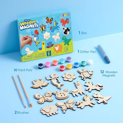 12 Wooden Magnet Creativity Arts & Crafts Painting Kit for Kids (12 Count)