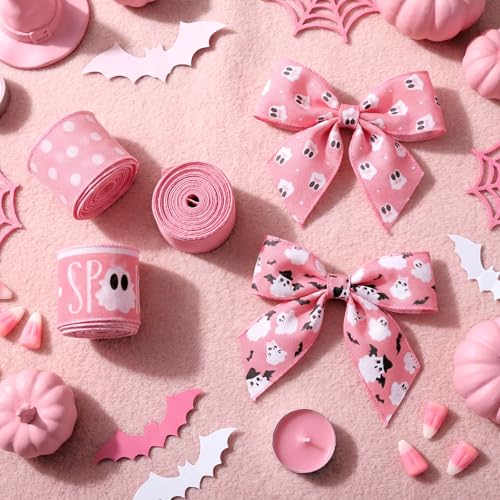 12 Rolls 60 Yards Pink Halloween Wired Ribbon for Wreath Bow Craft (12 Count)