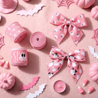12 Rolls 60 Yards Pink Halloween Wired Ribbon for Wreath Bow Craft (12 Count)