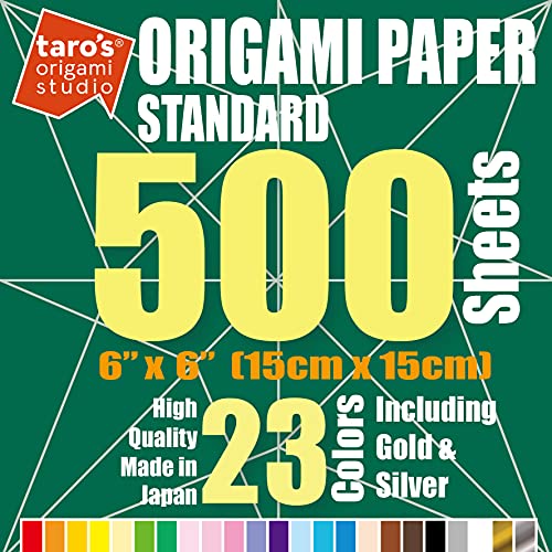 Taro's Origami Studio] Standard 6 Inch One Sided 23 Colors 500 Sheets Square Easy Fold Premium Japanese Paper for Beginner
