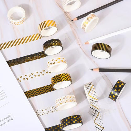 12 Rolls Gold Foil Pattern Washi Tape Heart Dot Stripe Rainbow Masking Tape Set Decorative Wrapping Paper Tapes for Scrapbook Journal DIY Art Crafts (12 Count)