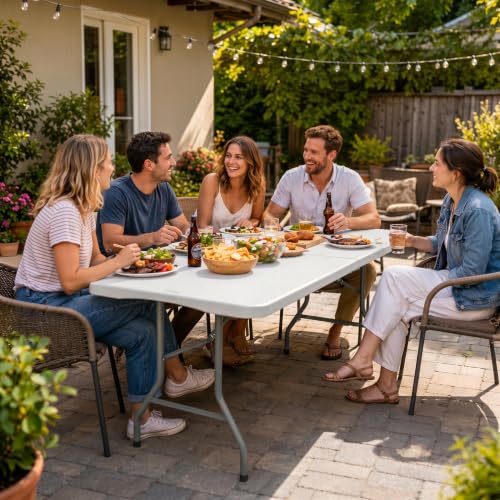 Folding Table 5 FT Lightweight Camping Table White Portable Plastic Rectangular Outdoor Dining Table Steel Legs Fold (2 Count)