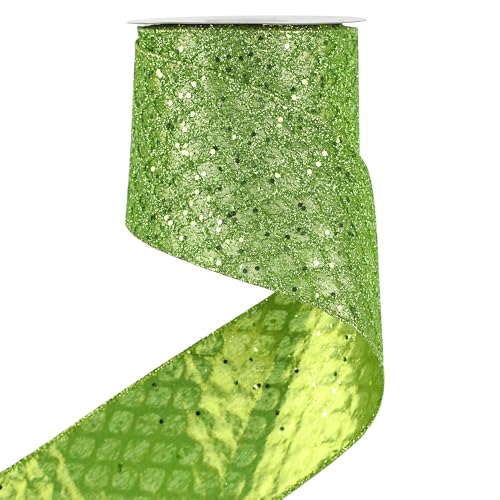 Lime Green Glitter Christams Wired Ribbon 4 inch x 10 Yards (30 Foot)