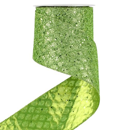 Lime Green Glitter Christams Wired Ribbon 4 inch x 10 Yards (30 Foot)