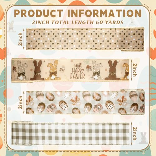 12 Rolls Easter Bunny Wired Edge Ribbon for Wreaths 2 Inch x 60 Yards Happy Easter Floral Bunny Print Grosgrain Ribbon for Bow Gift Bow Crafts Party Supplies 12 Styles (12 Count)