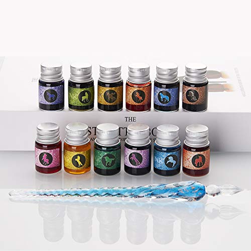 Glass Dipped Pen Ink Set Handmade Crystal Calligraphy Pen with 12 Colorful india ink for Art