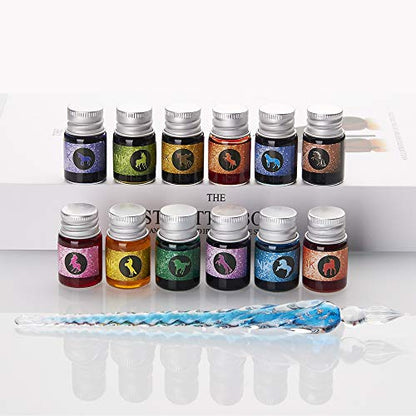 Glass Dipped Pen Ink Set Handmade Crystal Calligraphy Pen with 12 Colorful india ink for Art