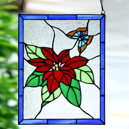 PA0020 Stained Glass Window Panel Tiffany Style Poinsettia Butterfly Suncatcher