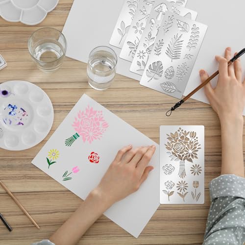 9PCS Metal Stencils Wood Burning Stencil Plant and Insect Mixed Metal Stencil Butterfly Flower Stencils for Journaling Engraving Templates for Wood Carving Drawing Scrapbooking Craft DIY (9 Count)