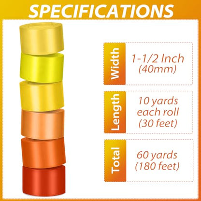 1-1/2 Inch Single-Faced Orange Satin Ribbons for Crafts Gift Wrapping Wedding | 6 Rolls Assorted Ribbons for Flower Bouquet Invitations Bridal Shower Hair Bows Garland Party Decor