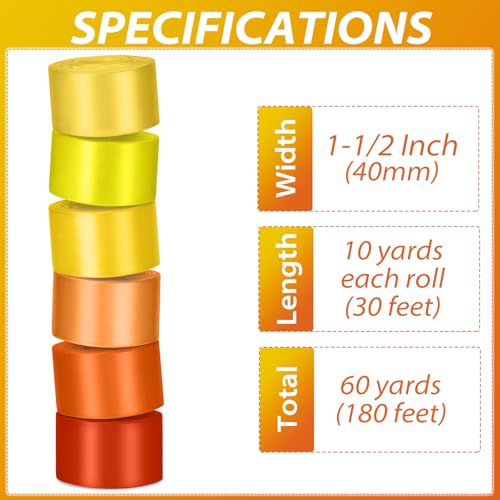1-1/2 Inch Single-Faced Orange Satin Ribbons for Crafts Gift Wrapping Wedding | 6 Rolls Assorted Ribbons for Flower Bouquet Invitations Bridal Shower Hair Bows Garland Party Decor