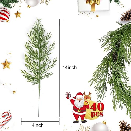 40 Pcs Artificial Cedar Picks Faux Cedar Branches Fake Cypress Stems Plastic Pine Greenery Christmas Picks and Sprays DIY Accessories for Crafts Wreath Holiday Home Decor (40 Count)