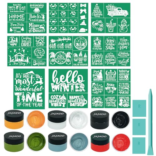 19pcs Christmas Stencils Chalk Paste Paint Set with Mini Squeegees