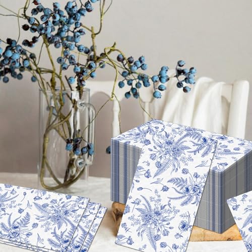 60 Pack 3 Styles Blue Floral Napkins for Decoupage Toile Napkins Flower Cocktail Decorative Paper for Birthday Party Beautiful Gorgeous