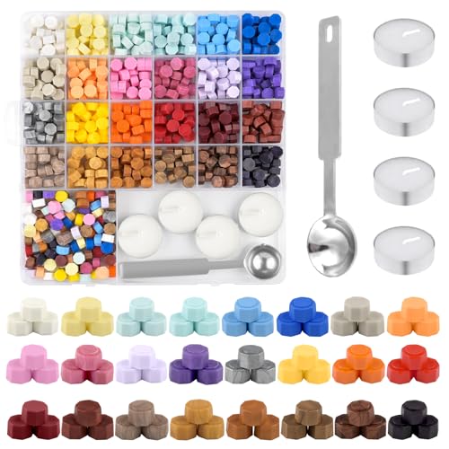 500 Pcs Dark Gold Octagon Wax Seal Beads Kit with 4 Pcs Tea Candles 1 Pc Melting Spoon for DIY Crafts Letters Wedding Wine Bottle Sealing (500 Count)