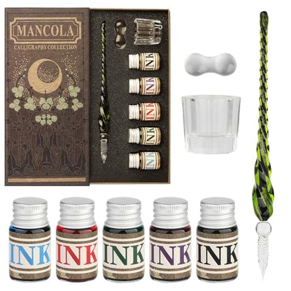 Glass Dipped Crystal Calligraphy Pen Set with 5 Colorful India Ink (6 Count)