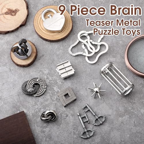 9 Pcs Metal Brain Teasers 3D Steel Puzzle Set (9 Count)