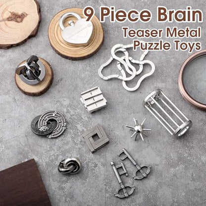 9 Pcs Metal Brain Teasers 3D Steel Puzzle Set (9 Count)