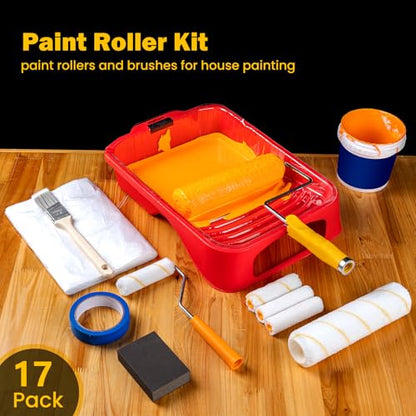 17 Pieces Paint Roller Kit with 9 Inch Magnetic Tray and Liners