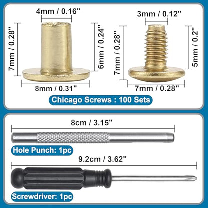150 Sets 8MM Chicago Screws Leather Rivets for Fabric Chicago Binding Screws Buttons Metal Studs Rivets for Decorate and Repair Belts Bags Shoes Purse Dog Collar Leather Craft