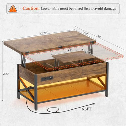 Coffee Table Lift Top with LED Light and Power Outlet