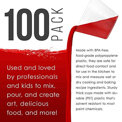 2 Oz (60 ml) Liquid Measuring Cups, 100 Pack with 25 Sticks