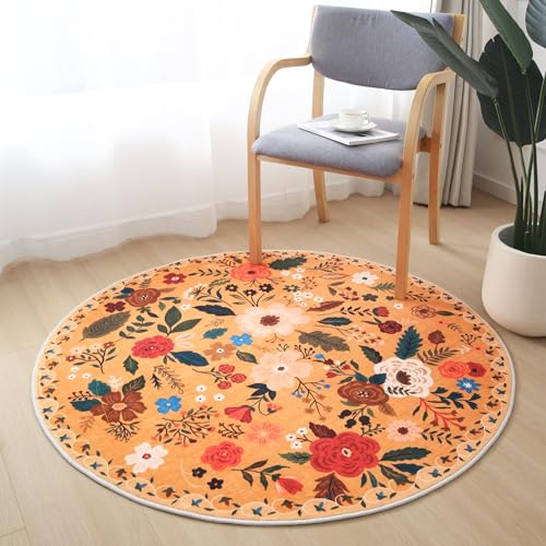 Round Rug 4ft Washable Circle Rug Non Slip Low Pile Boho Floral Small Circular Rug for Bedroom