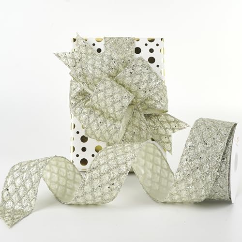 Glitter Champagne Wired Christmas Ribbon 2.5 inch x 10 Yards (30 Foot)