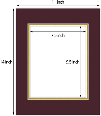 Golden State Art, 11x14 Double Mats for 8x10 - for Photos, Pictures, Frames - Acid-Free, 5 Pack, Maroon Over Old Gold