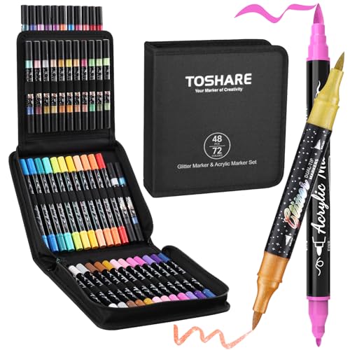 72 Colors 48 Pack Dual Tip Glitter Markers & Acrylic Markers Set (48 Count)