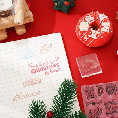 4 Sheet Christmas Words Clear Stamps Greeting Words Santa Xmas Tree Pattern Silicone Transparent Stamps Border Stamp Cards for DIY Craft Card Making Scrapbooking Embossing Album Decor (4 Count)